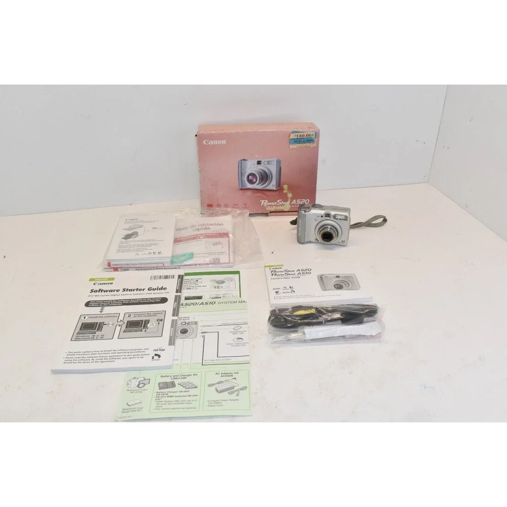 Canon Powershot A520 4.0MP Camera Silver w/ box/cords/manuals - For Parts Only